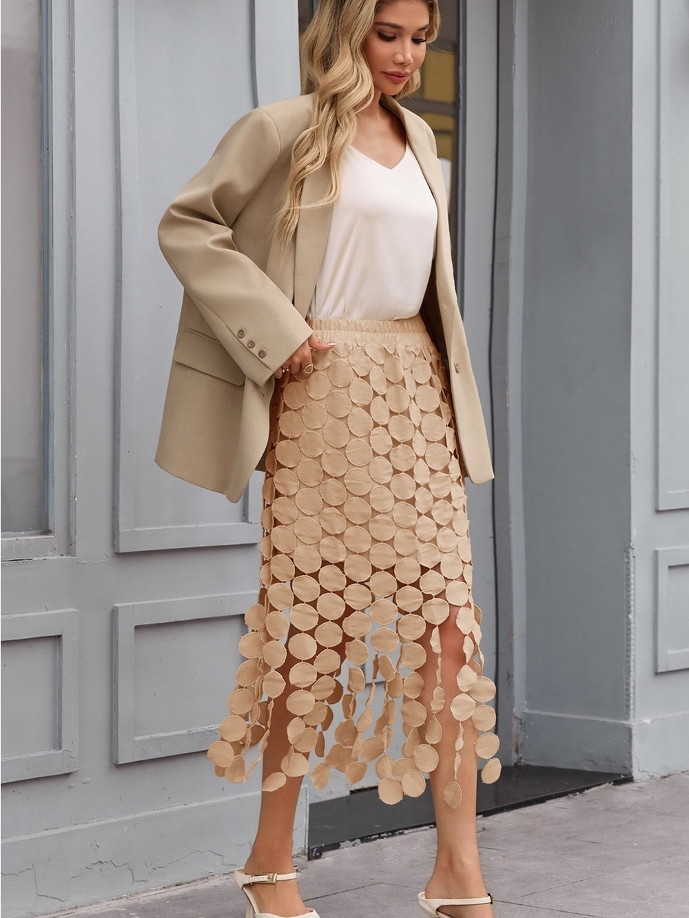Cream Circle Appliqué Midi Skirt